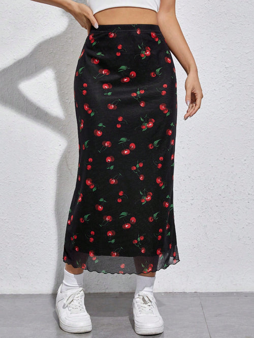EZwear Cherry Print Mesh Overlay Skirt