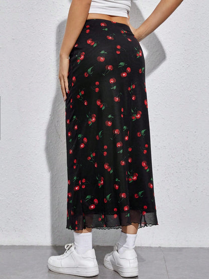 EZwear Cherry Print Mesh Overlay Skirt