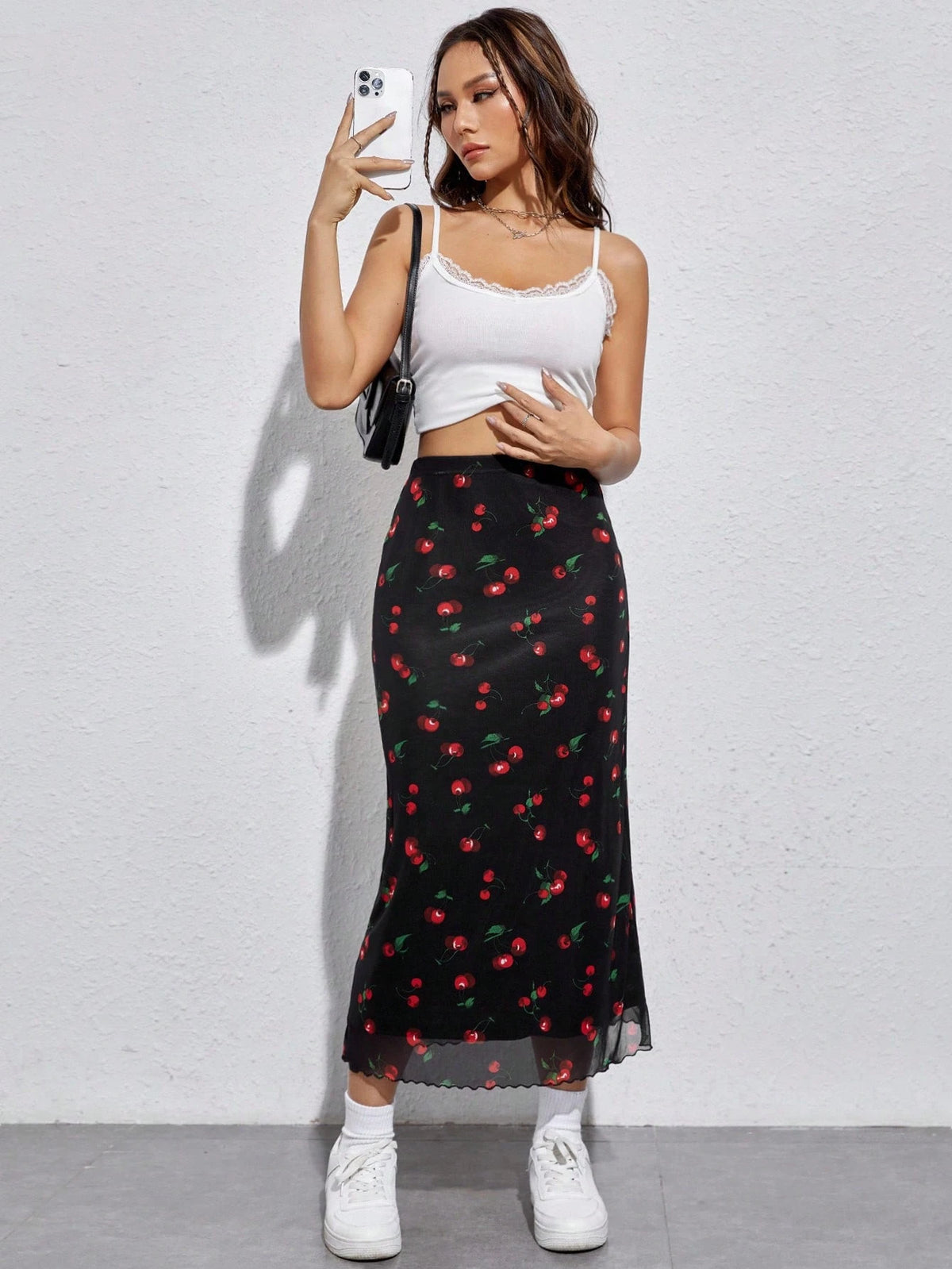 EZwear Cherry Print Mesh Overlay Skirt