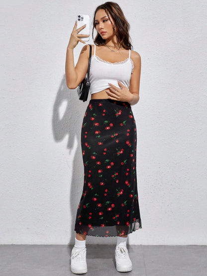 EZwear Cherry Print Mesh Overlay Skirt