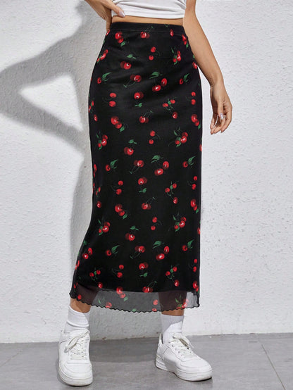 EZwear Cherry Print Mesh Overlay Skirt