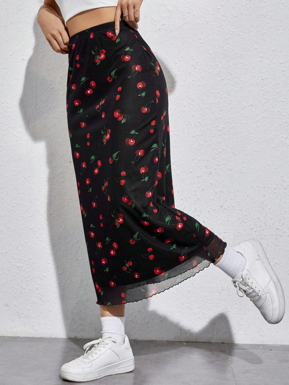 EZwear Cherry Print Mesh Overlay Skirt