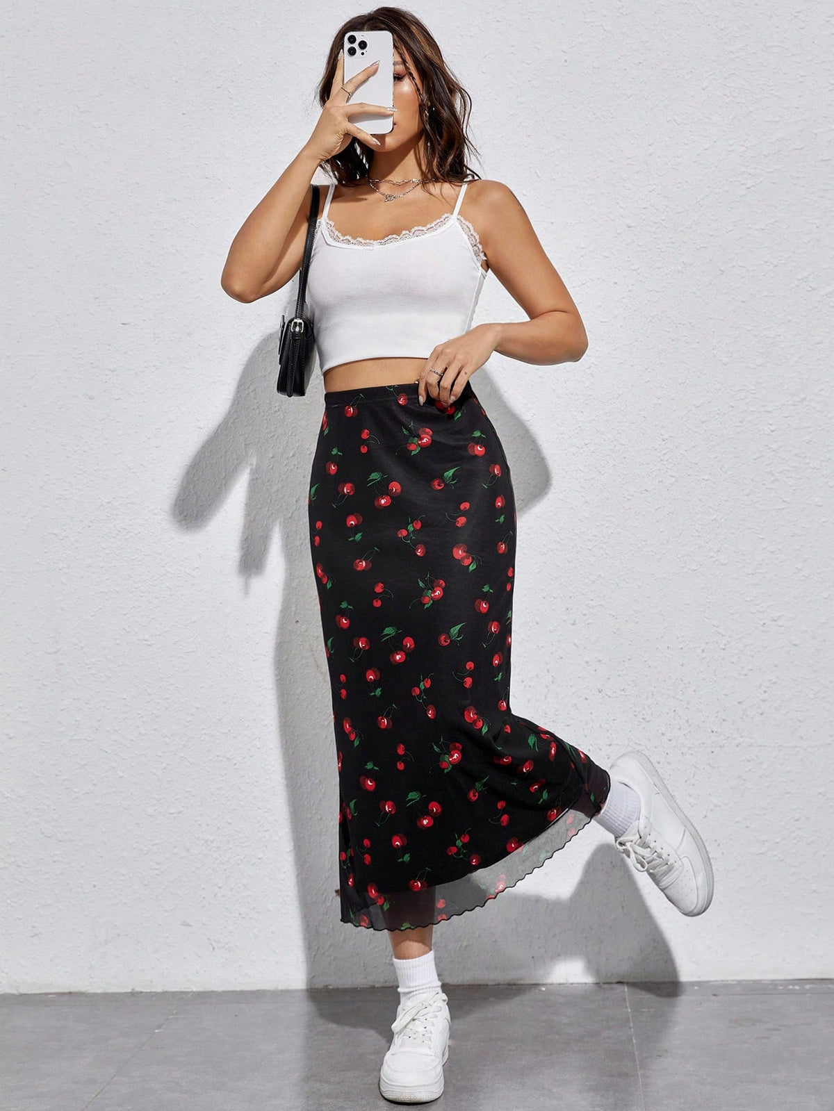 EZwear Cherry Print Mesh Overlay Skirt