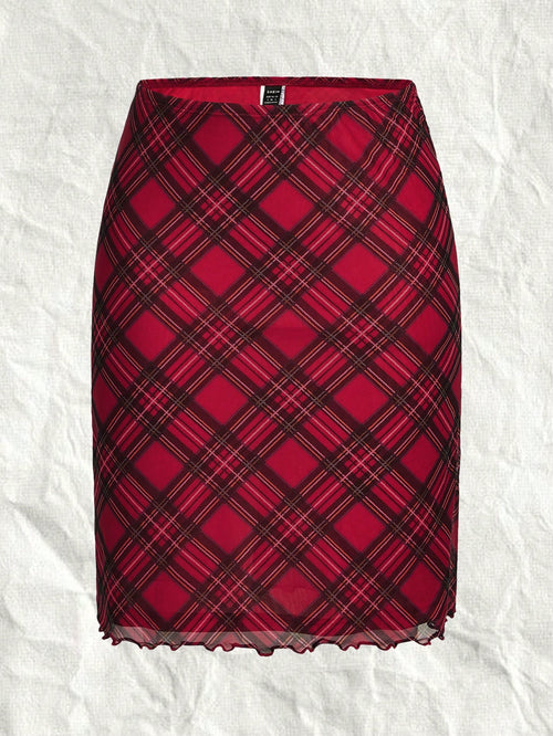 EZwear Ladies' Red Plaid Printed Knee-Length Skirt