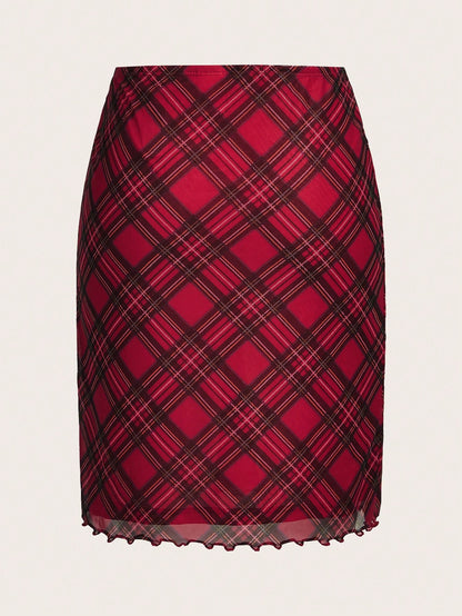 EZwear Ladies' Red Plaid Printed Knee-Length Skirt