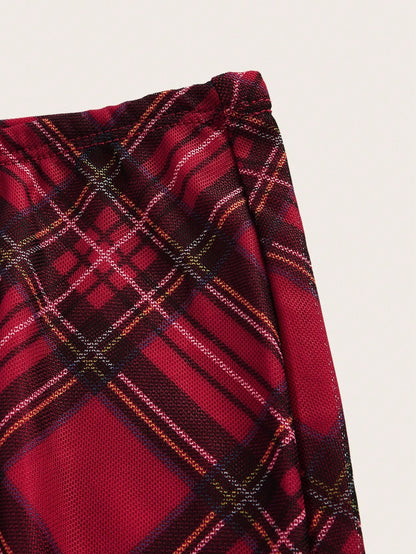 EZwear Ladies' Red Plaid Printed Knee-Length Skirt