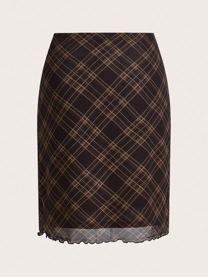 EZwear Ladies' Red Plaid Printed Knee-Length Skirt