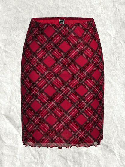 EZwear Ladies' Red Plaid Printed Knee-Length Skirt