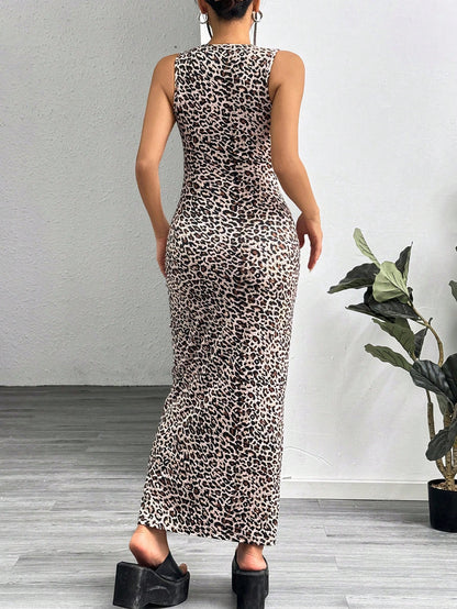 EZwear Leopard Print Knitted Sleeveless Bodycon Dress For Women,Summer Dresses For Women
