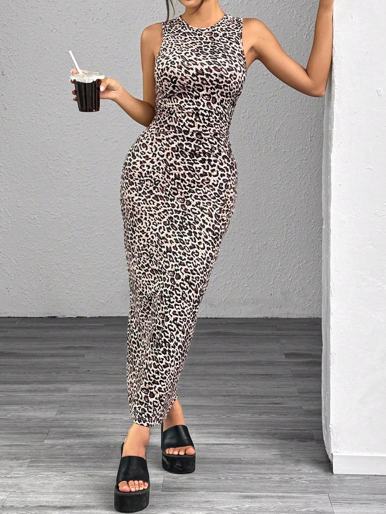 EZwear Leopard Print Knitted Sleeveless Bodycon Dress For Women,Summer Dresses For Women