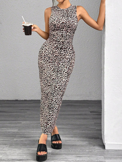 EZwear Leopard Print Knitted Sleeveless Bodycon Dress For Women,Summer Dresses For Women