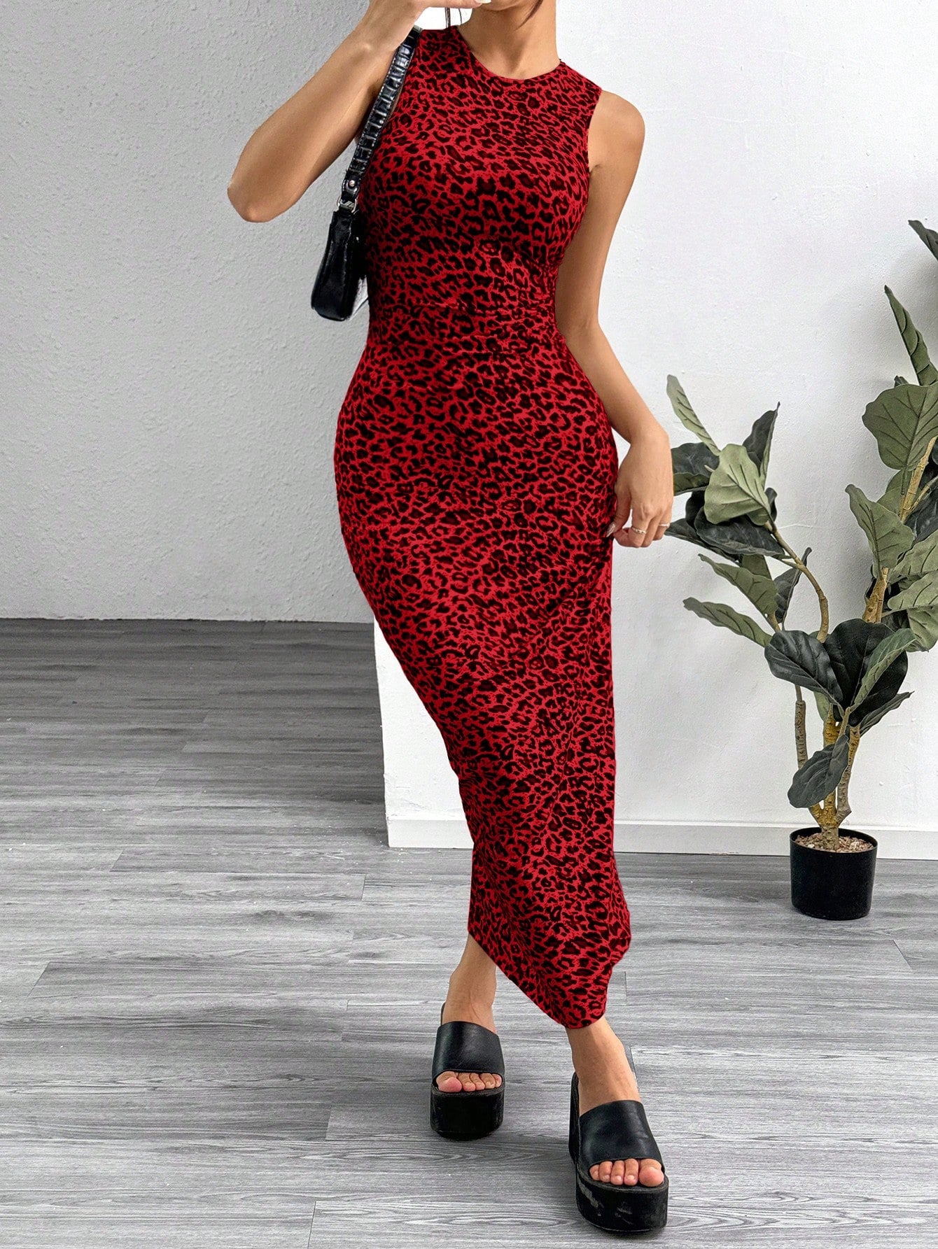 EZwear Leopard Print Knitted Sleeveless Bodycon Dress For Women,Summer Dresses For Women