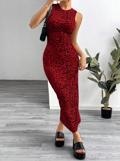 EZwear Leopard Print Knitted Sleeveless Bodycon Dress For Women,Summer Dresses For Women