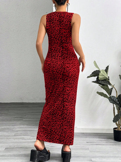 EZwear Leopard Print Knitted Sleeveless Bodycon Dress For Women,Summer Dresses For Women