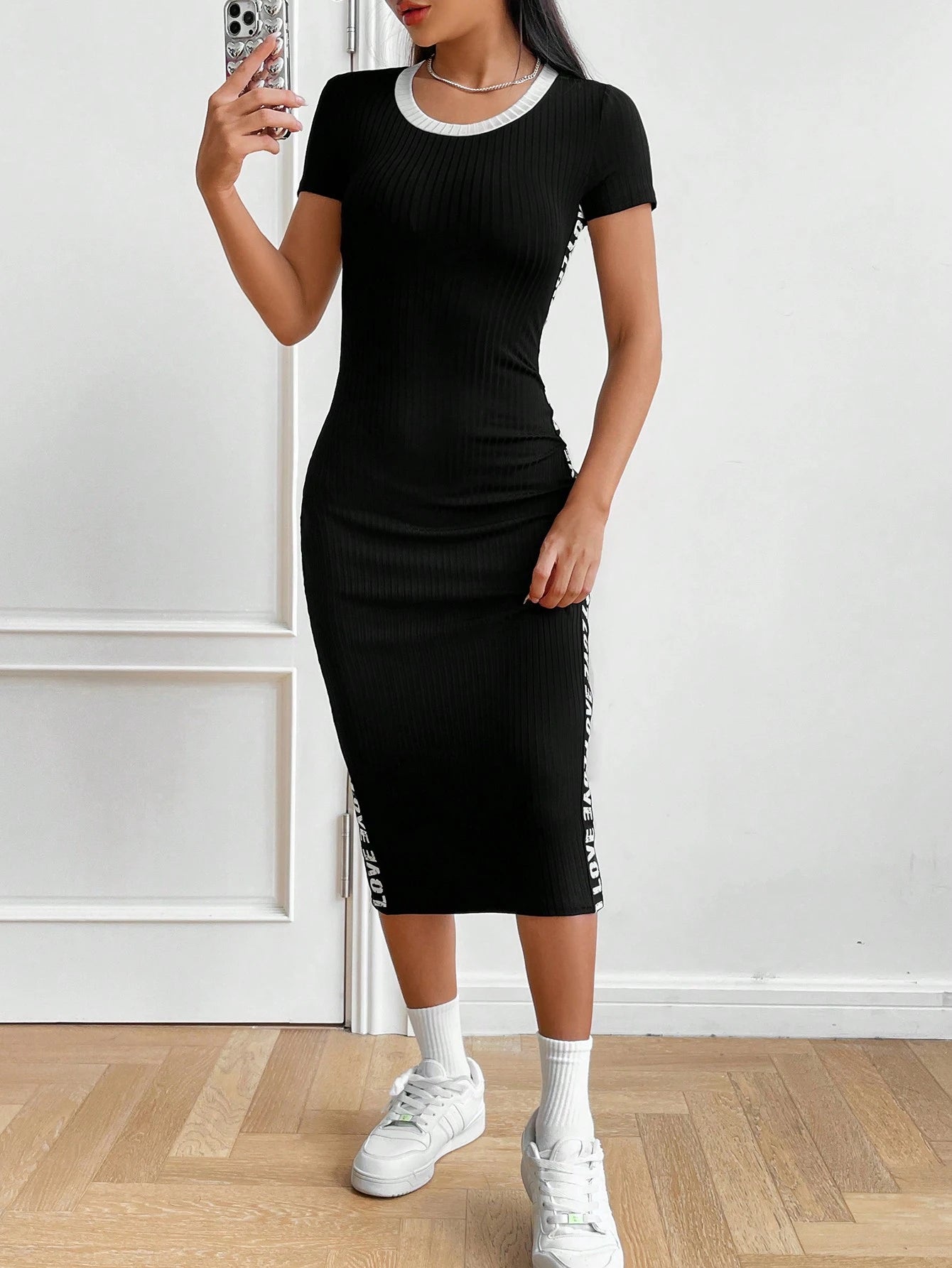 EZwear Long Summer Dress Contrast Letter Tape Side Bodycon Black Dress,Summer Dresses For Women