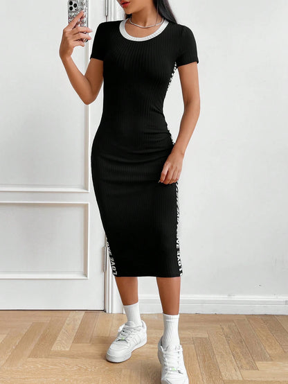 EZwear Long Summer Dress Contrast Letter Tape Side Bodycon Black Dress,Summer Dresses For Women