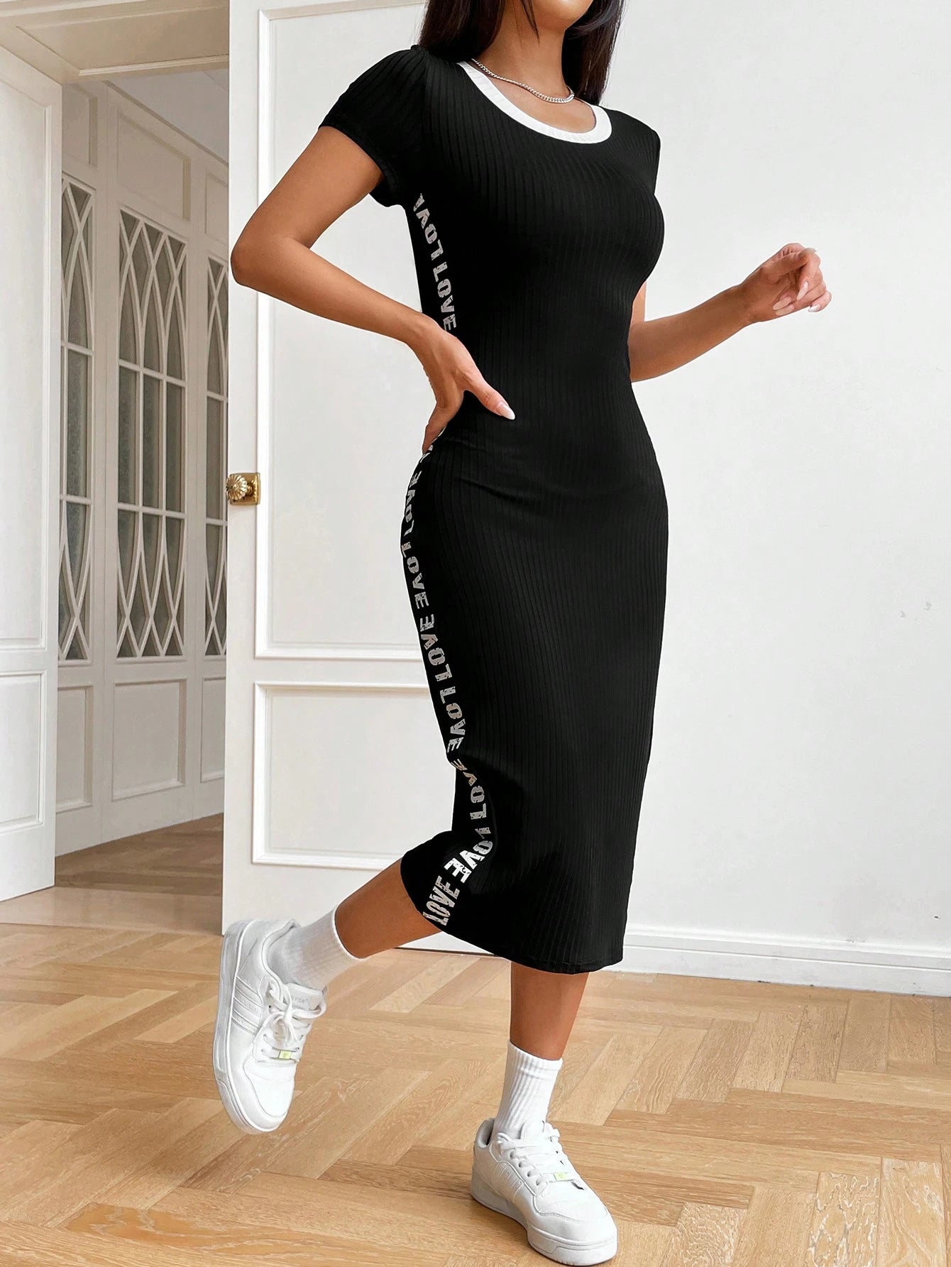 EZwear Long Summer Dress Contrast Letter Tape Side Bodycon Black Dress,Summer Dresses For Women
