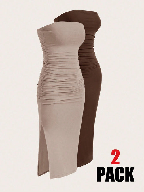 EZwear Multi-Color Ruched Slit Up To Thigh Bandeau Bodycon Knit Dress For Women,Dresses For Women Summer
