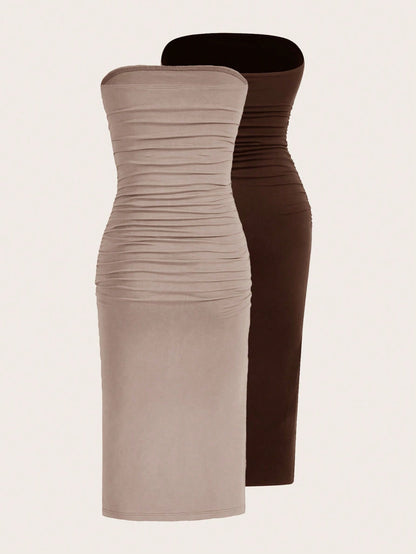 EZwear Multi-Color Ruched Slit Up To Thigh Bandeau Bodycon Knit Dress For Women,Dresses For Women Summer