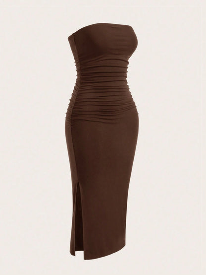 EZwear Multi-Color Ruched Slit Up To Thigh Bandeau Bodycon Knit Dress For Women,Dresses For Women Summer