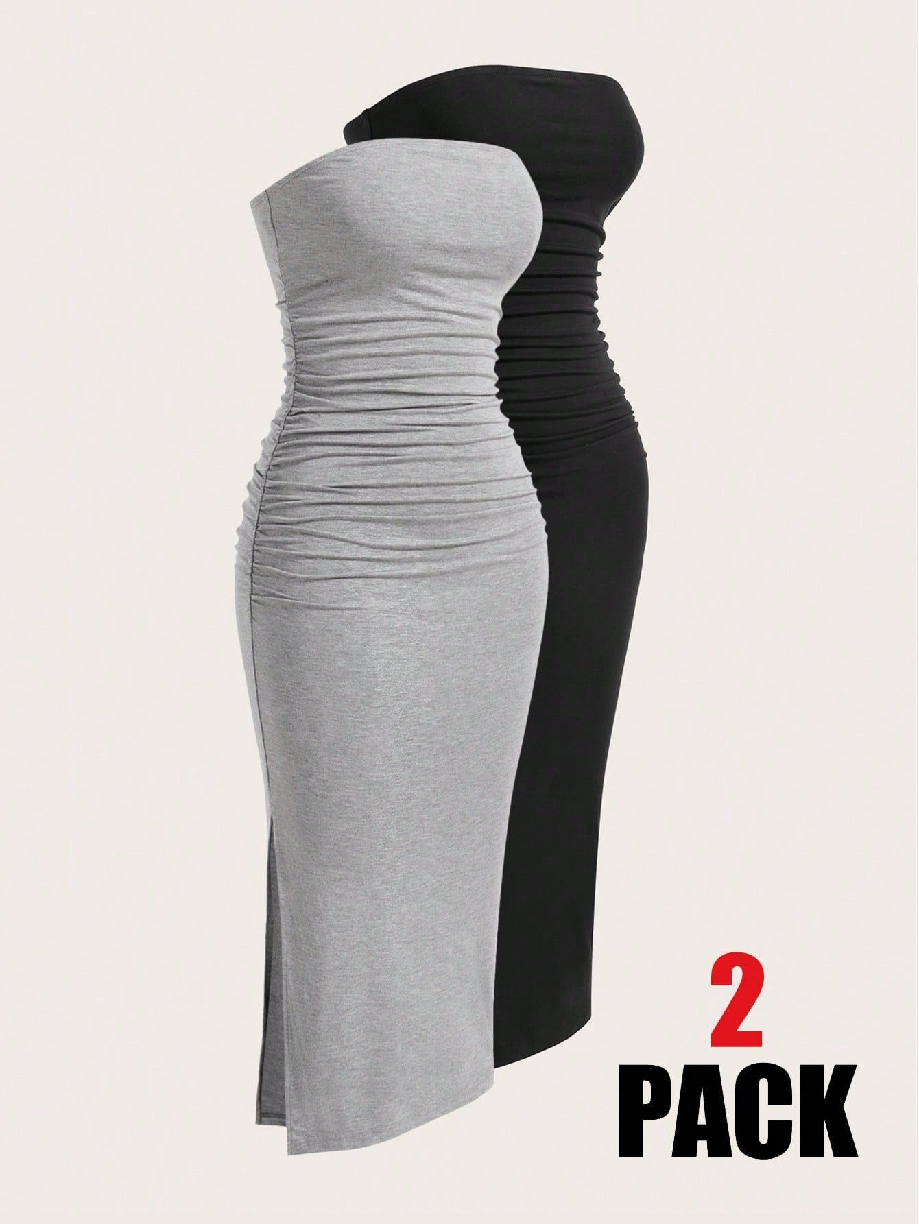 EZwear Multi-Color Ruched Slit Up To Thigh Bandeau Bodycon Knit Dress For Women,Dresses For Women Summer