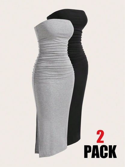 EZwear Multi-Color Ruched Slit Up To Thigh Bandeau Bodycon Knit Dress For Women,Dresses For Women Summer