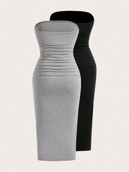 EZwear Multi-Color Ruched Slit Up To Thigh Bandeau Bodycon Knit Dress For Women,Dresses For Women Summer