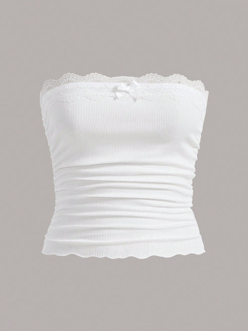EZwear Plus Lace Trim Ruched Tube White Top