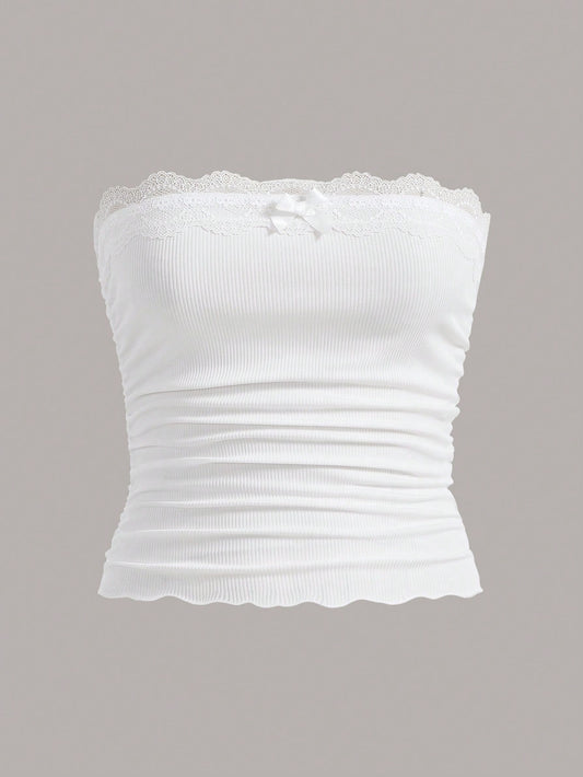 EZwear Plus Lace Trim Ruched Tube White Top