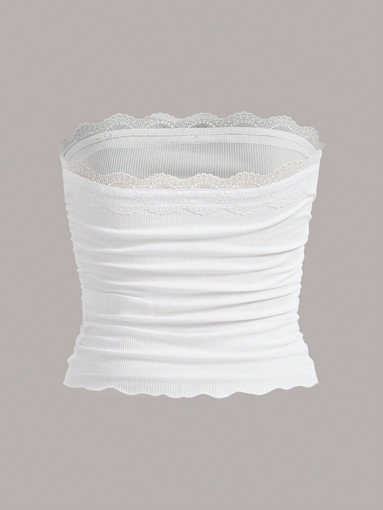 EZwear Plus Lace Trim Ruched Tube White Top