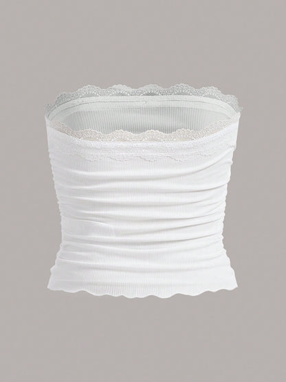 EZwear Plus Lace Trim Ruched Tube White Top