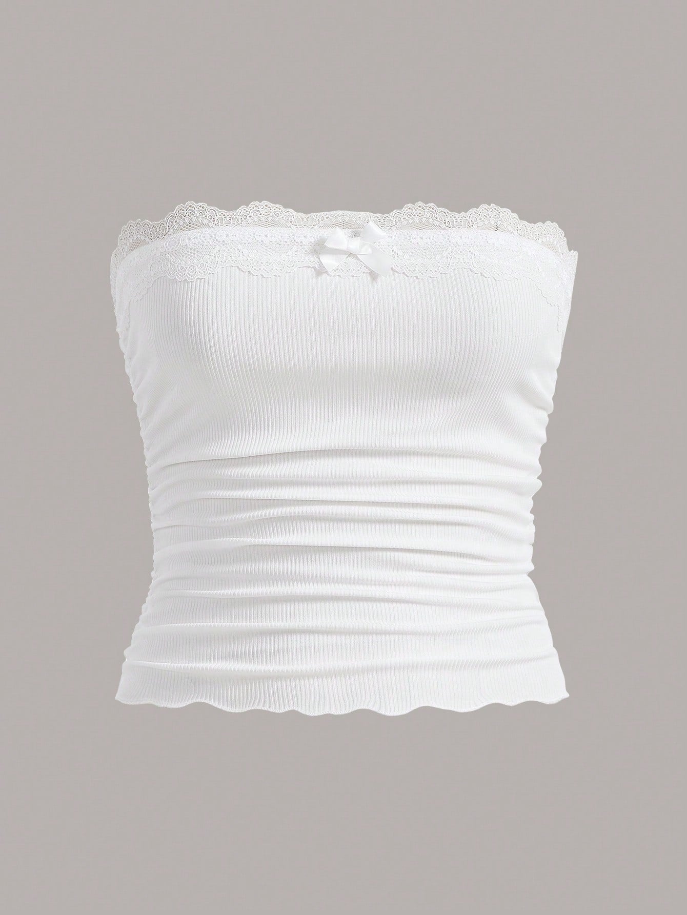 EZwear Plus Lace Trim Ruched Tube White Top