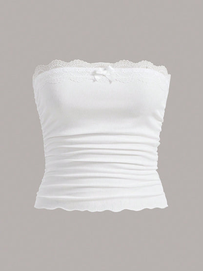EZwear Plus Lace Trim Ruched Tube White Top