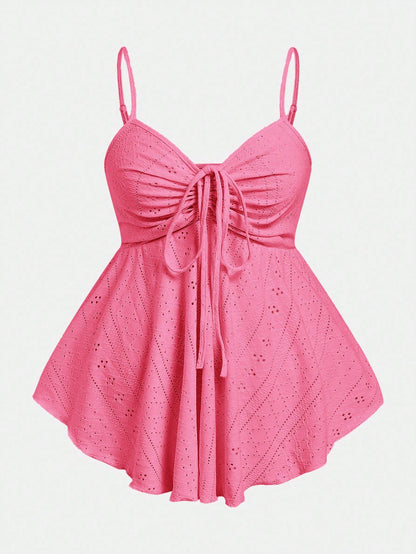 EZwear Plus Size Fuchsia Knit Embroidered Casual Camisole Top For Women Pink Bow Babydoll Tankini Swimsuit Bathing Suits Swimsuits Tops