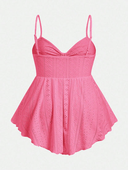 EZwear Plus Size Fuchsia Knit Embroidered Casual Camisole Top For Women Pink Bow Babydoll Tankini Swimsuit Bathing Suits Swimsuits Tops