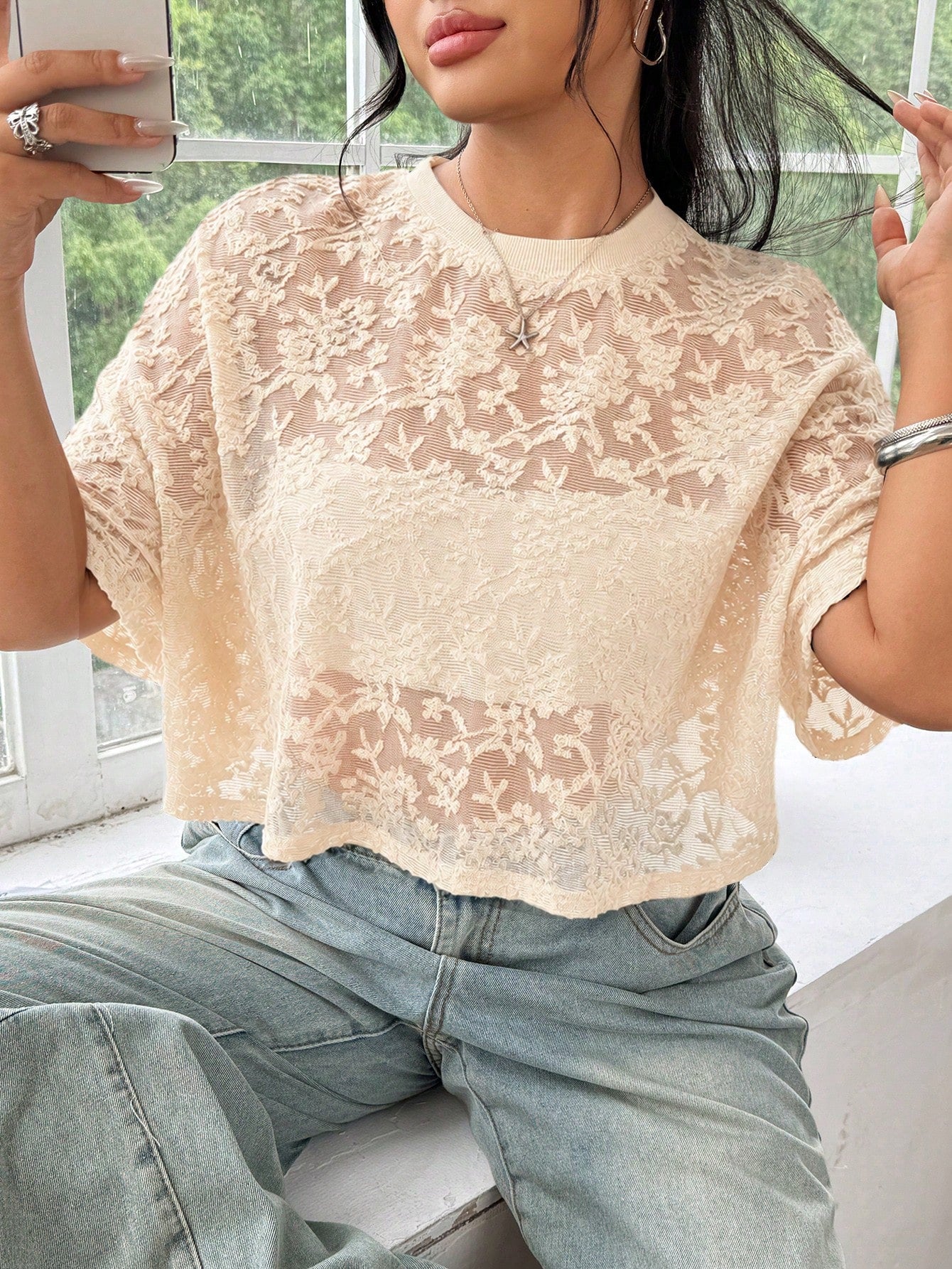 EZwear Plus Size Women's French Romantic Elegant Style Lace Sheer T-Shirt Wedding Evening Formal Birthday Peach Summer