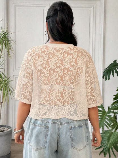 EZwear Plus Size Women's French Romantic Elegant Style Lace Sheer T-Shirt Wedding Evening Formal Birthday Peach Summer