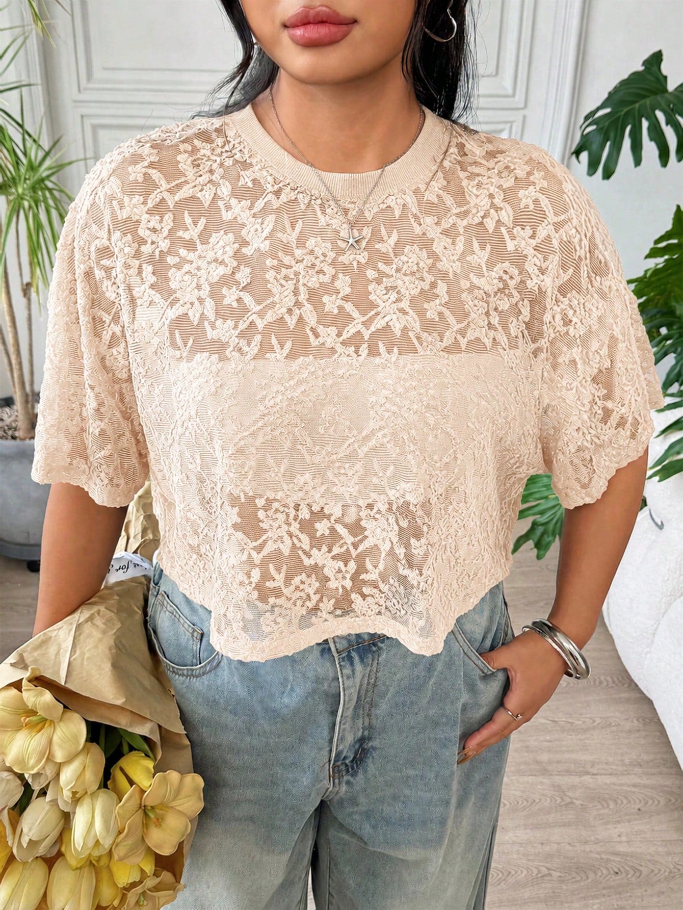 EZwear Plus Size Women's French Romantic Elegant Style Lace Sheer T-Shirt Wedding Evening Formal Birthday Peach Summer
