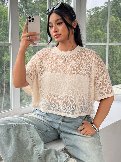 EZwear Plus Size Women's French Romantic Elegant Style Lace Sheer T-Shirt Wedding Evening Formal Birthday Peach Summer