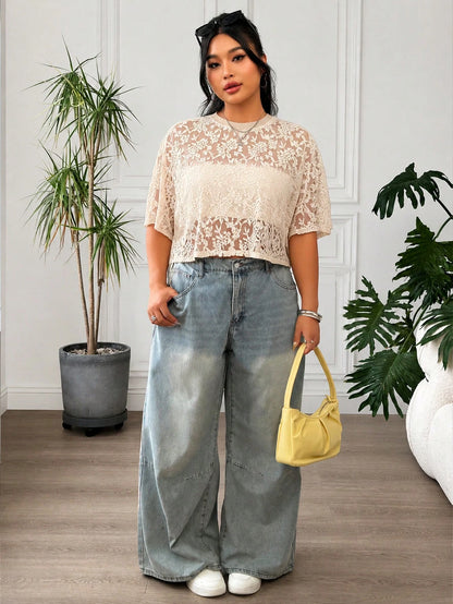 EZwear Plus Size Women's French Romantic Elegant Style Lace Sheer T-Shirt Wedding Evening Formal Birthday Peach Summer