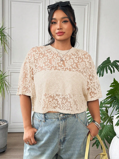 EZwear Plus Size Women's French Romantic Elegant Style Lace Sheer T-Shirt Wedding Evening Formal Birthday Peach Summer