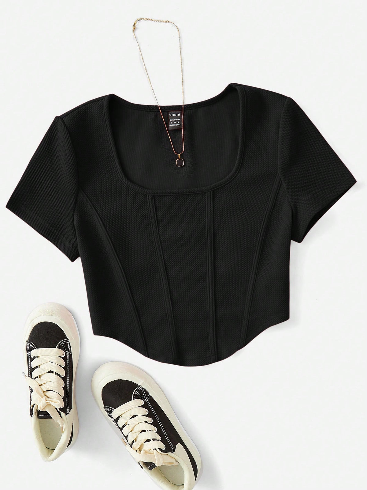 EZwear Square Neck Seam Detail Bandana Hem Tee