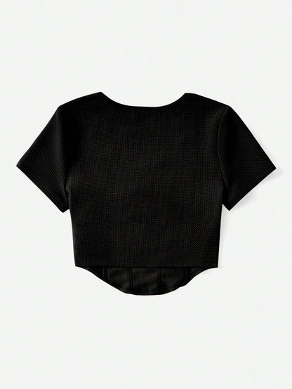 EZwear Square Neck Seam Detail Bandana Hem Tee