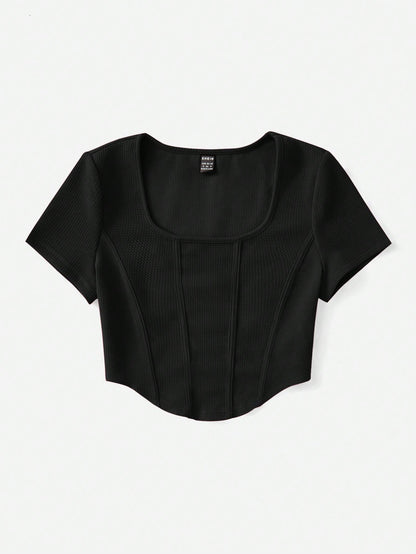 EZwear Square Neck Seam Detail Bandana Hem Tee