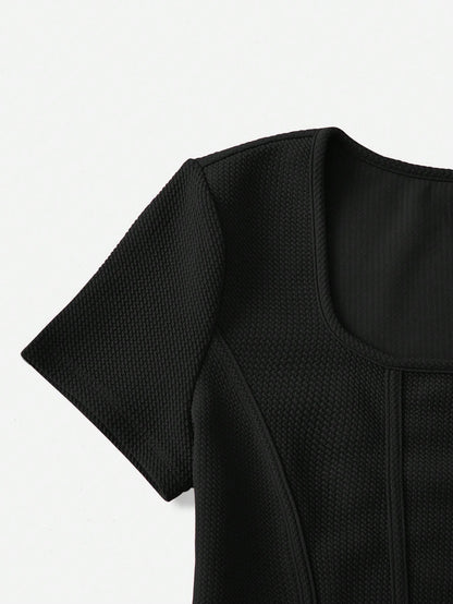EZwear Square Neck Seam Detail Bandana Hem Tee