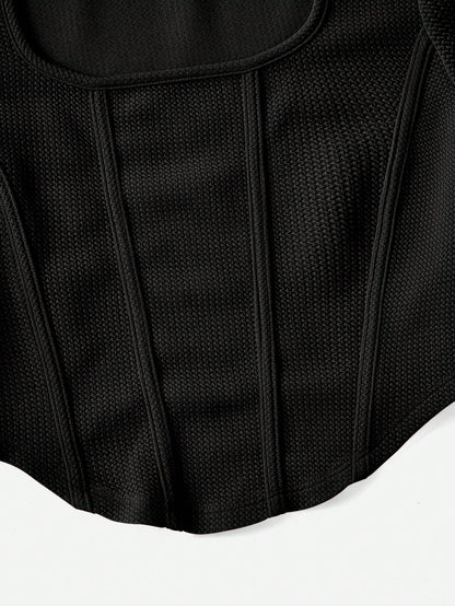 EZwear Square Neck Seam Detail Bandana Hem Tee