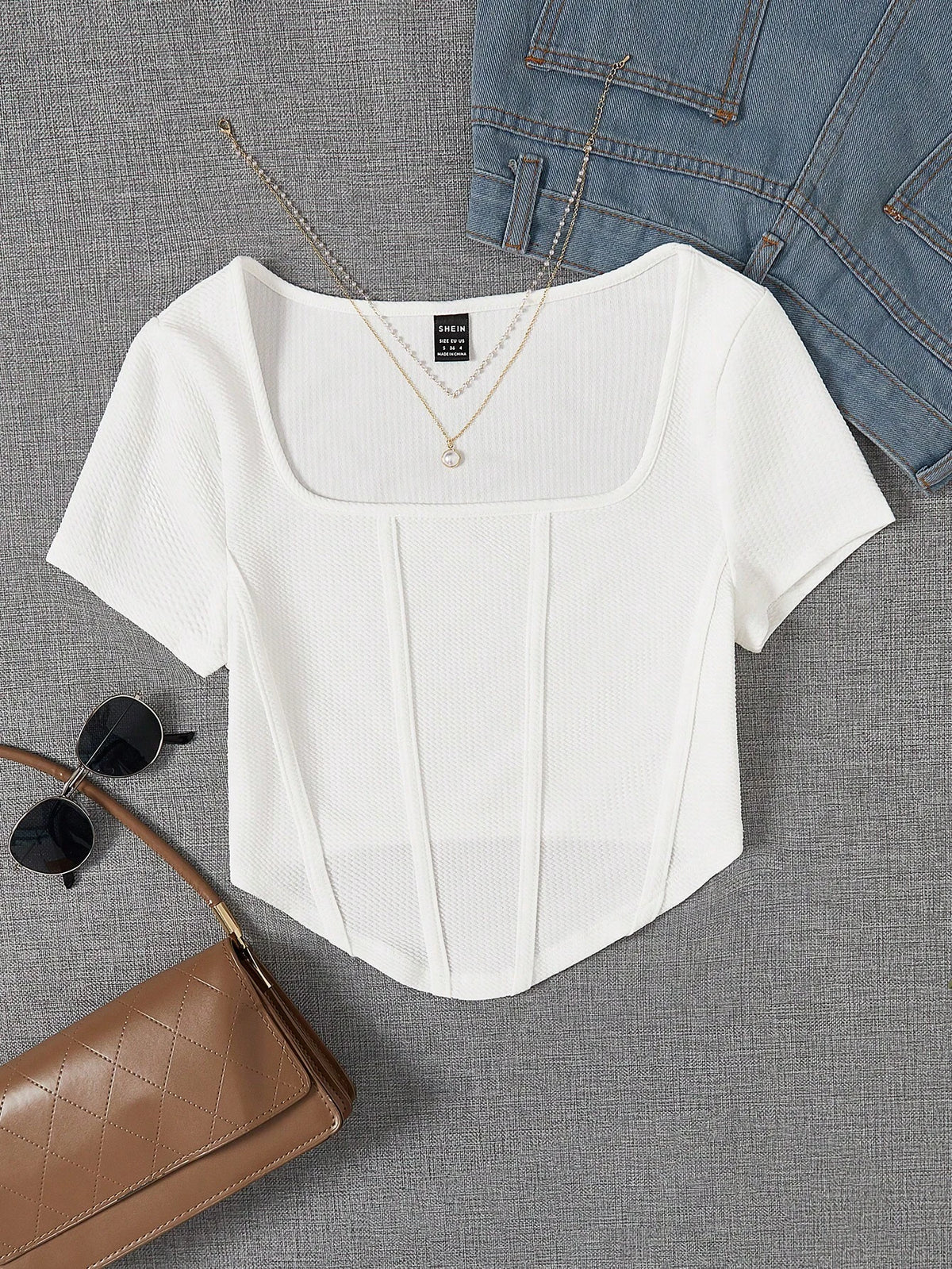 EZwear Square Neck Seam Detail Bandana Hem Tee