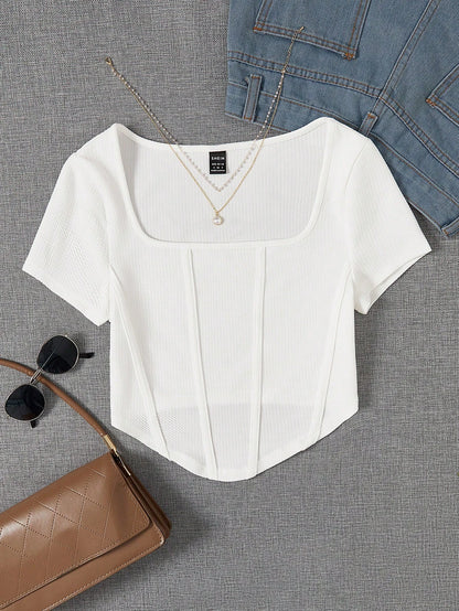 EZwear Square Neck Seam Detail Bandana Hem Tee