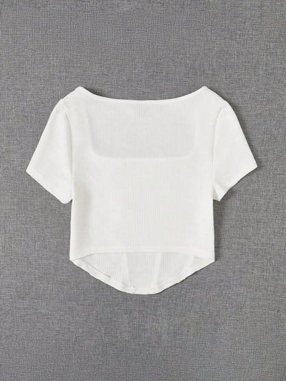 EZwear Square Neck Seam Detail Bandana Hem Tee
