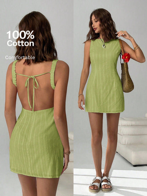 EZwear Stylish Olive Green Mini Tank Dress With Ribbed Texture And Open Back Tie Design Green Vacation Dress,Casual Dresses For Women